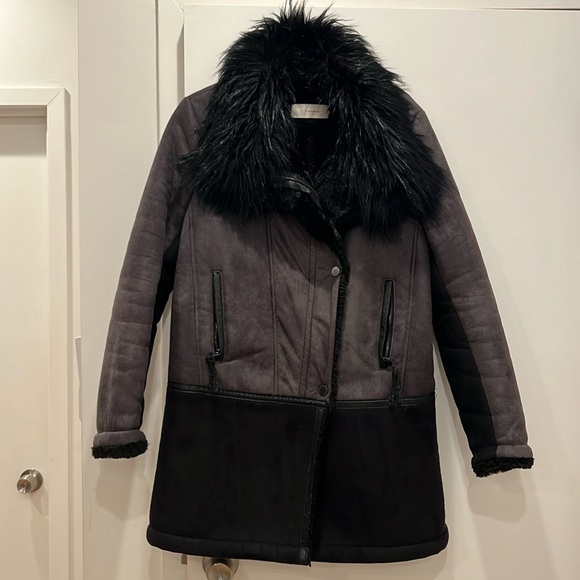 T Tahari shearling faux fur collar coat Zara mango free people Anthropologie H&M - Picture 1 of 8